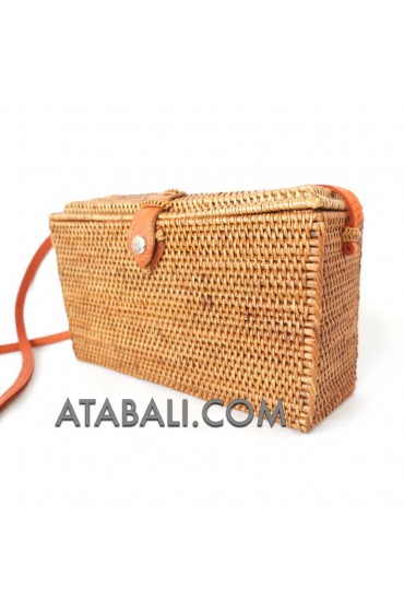 Rattan ata square sling bags with leather clips magnet